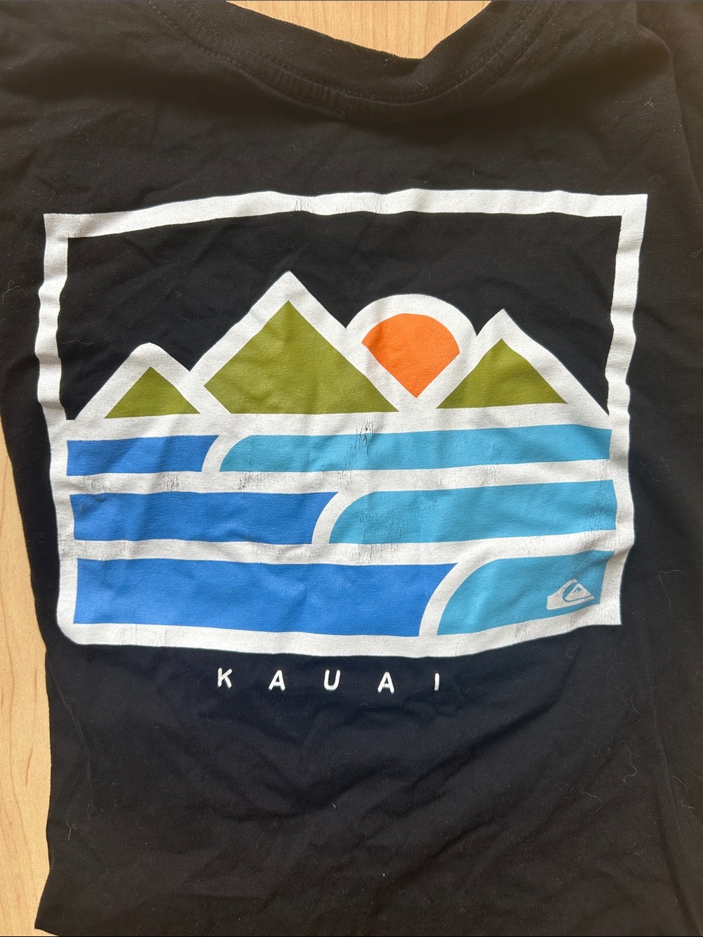 Quiksilver Kids Black Tee with Orange Sun, Green Mountains & Blue Wave Graphic